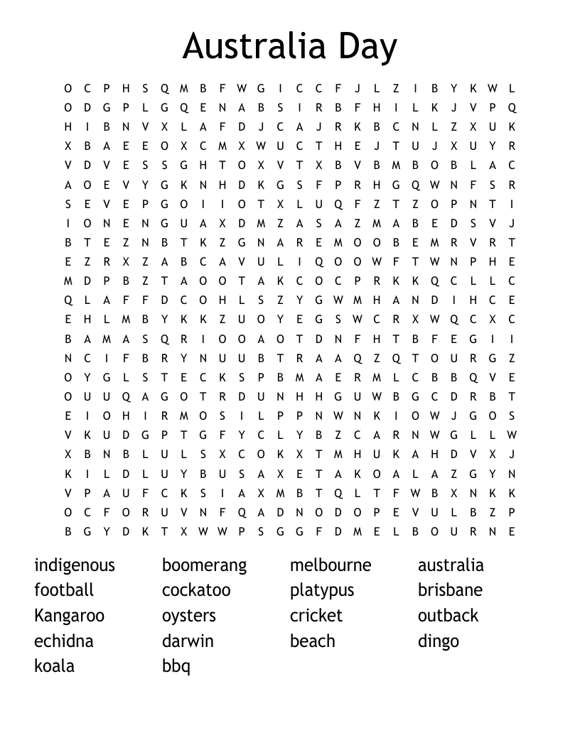 Australia Day Word Search