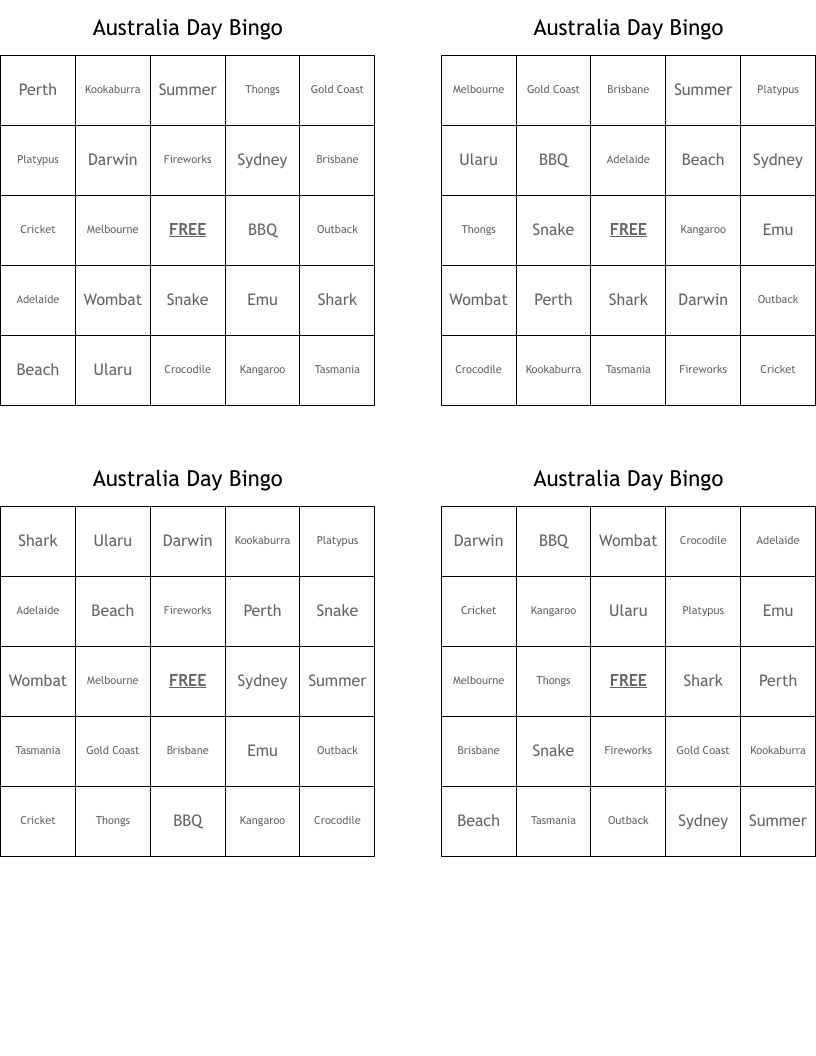 Australia Day Bingo 