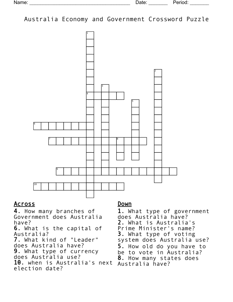 Australia Economy and Government Crossword Puzzle