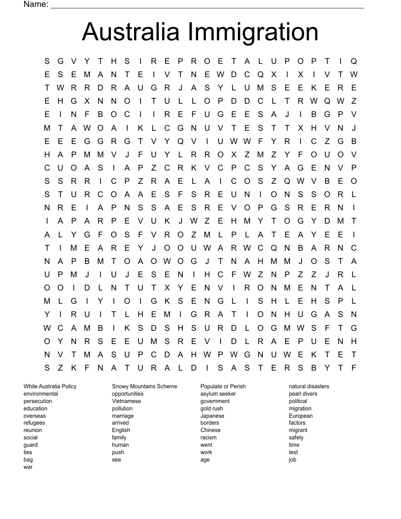 Australia Immigration Word Search