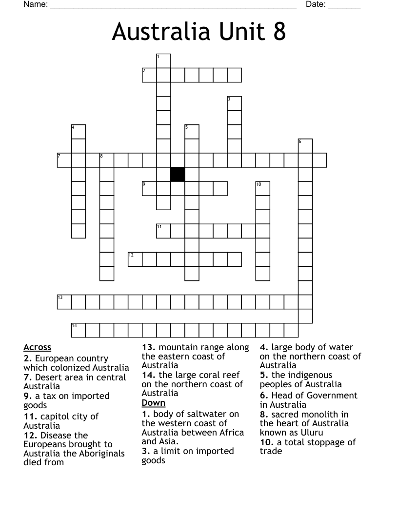 Australia Unit 8 Crossword