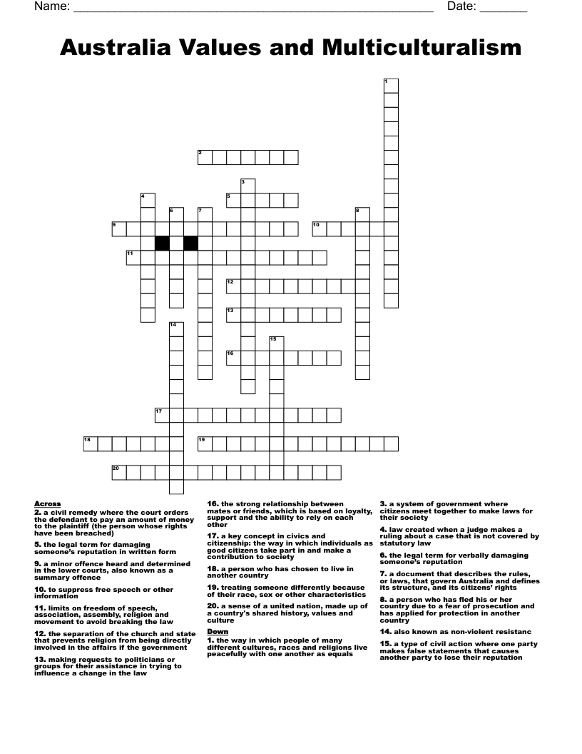 Australia Values and Multiculturalism Crossword