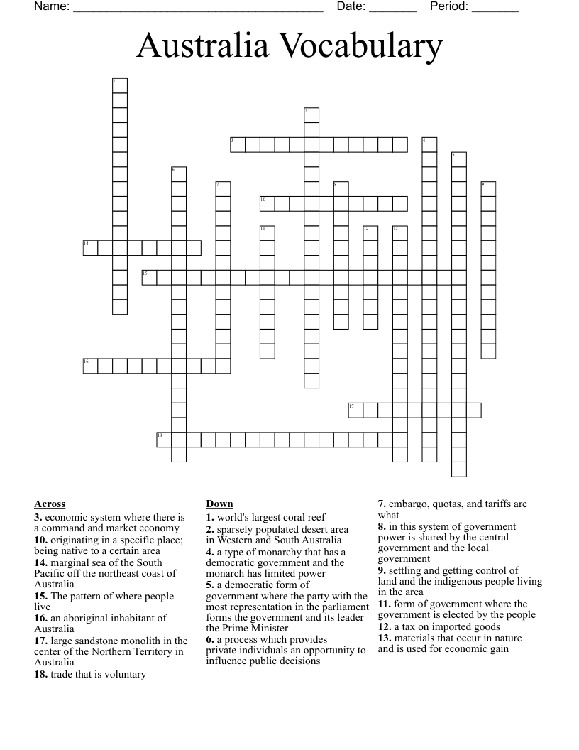 Australia Vocabulary Crossword
