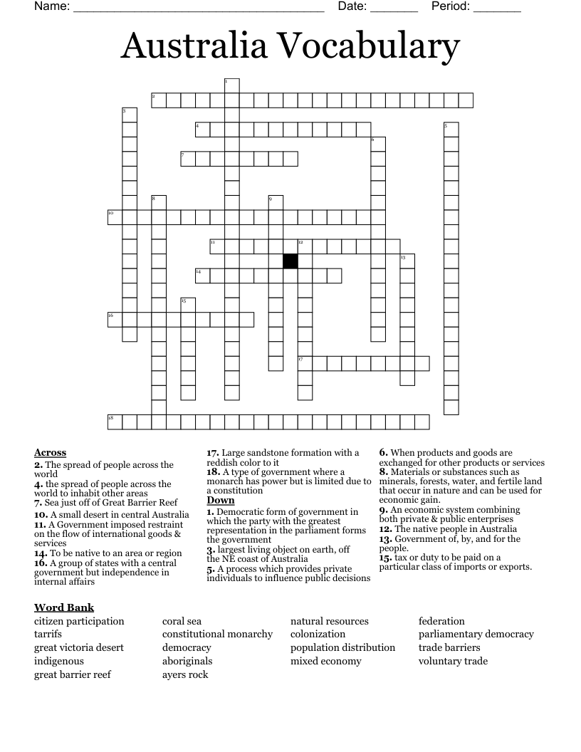 Australia Vocabulary Crossword