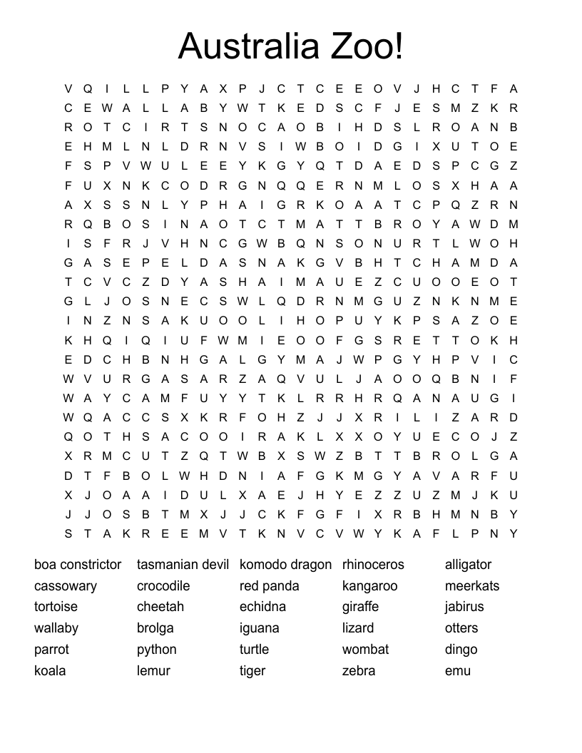 Australia Zoo! Word Search