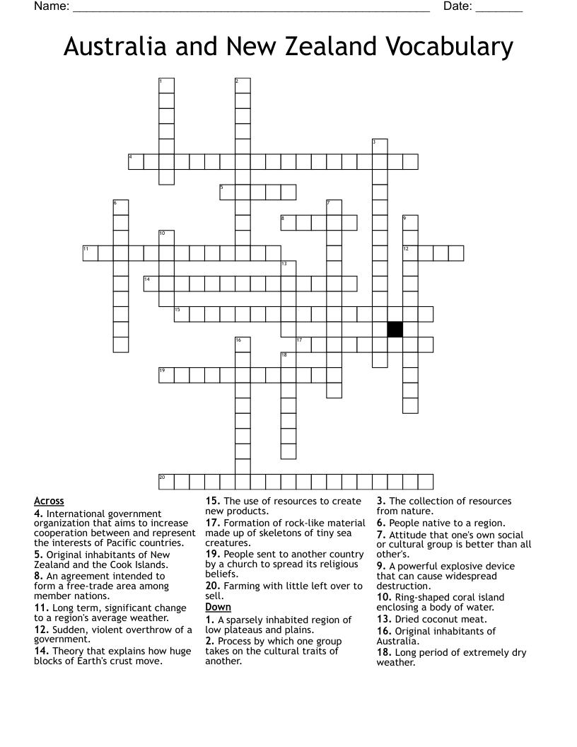 Australia and New Zealand Vocabulary  Crossword