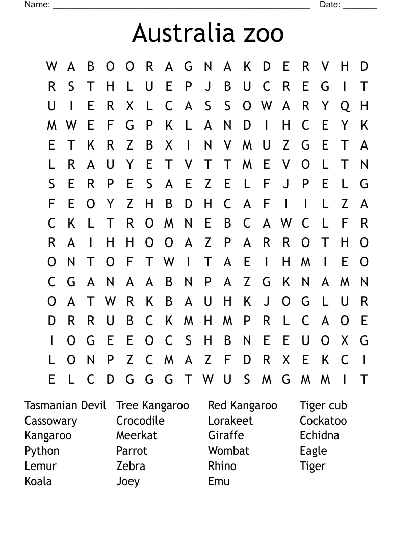 Australia zoo Word Search
