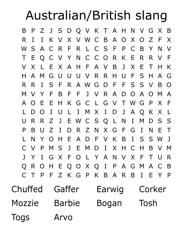 Australian/British slang Word Search