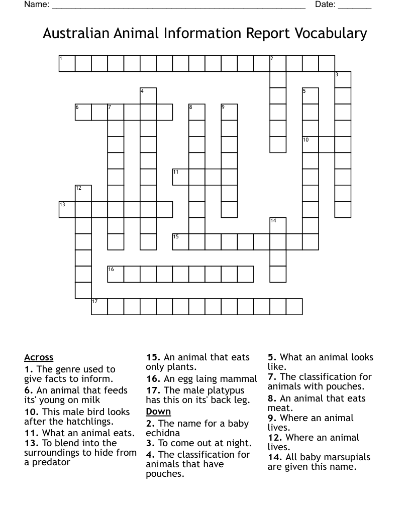 Australian Animal Information Report Vocabulary Crossword