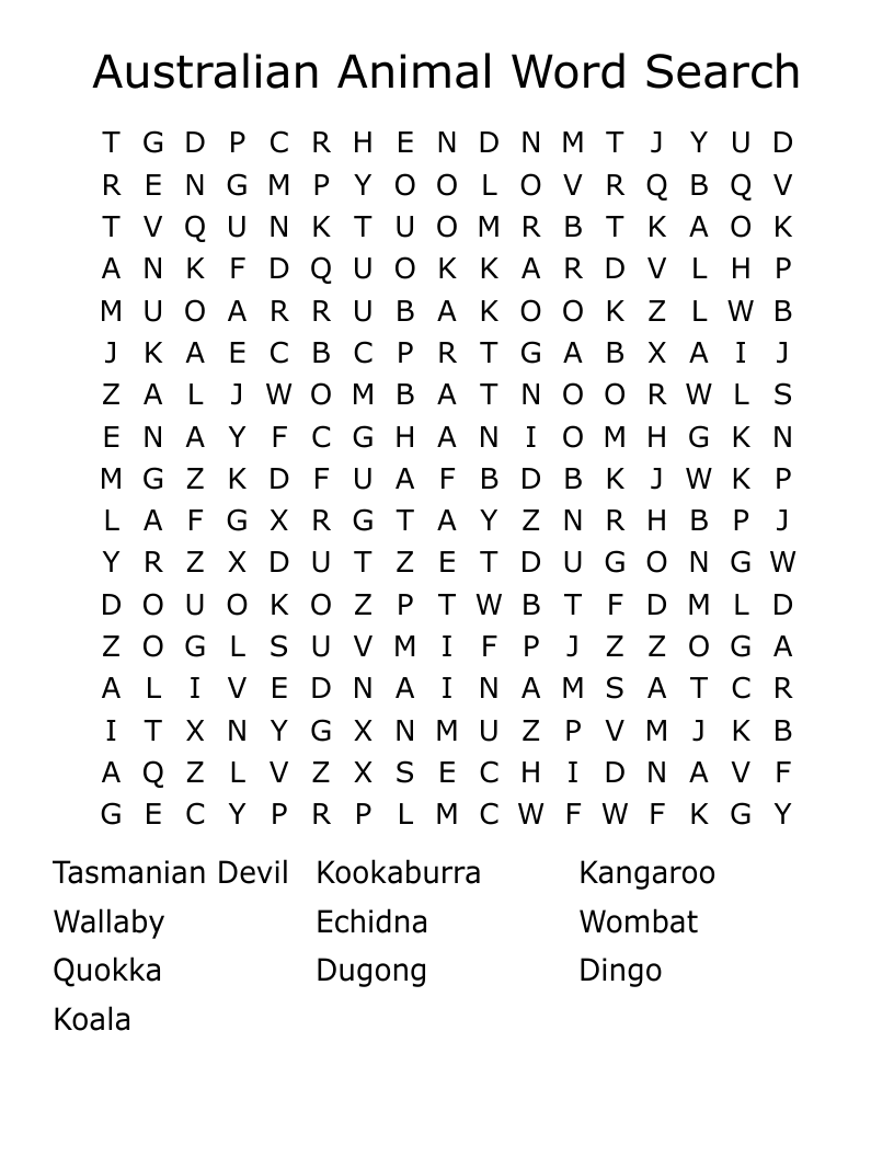 Australian Animal Word Search