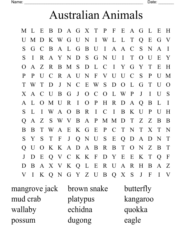 Australian Animals Word Search