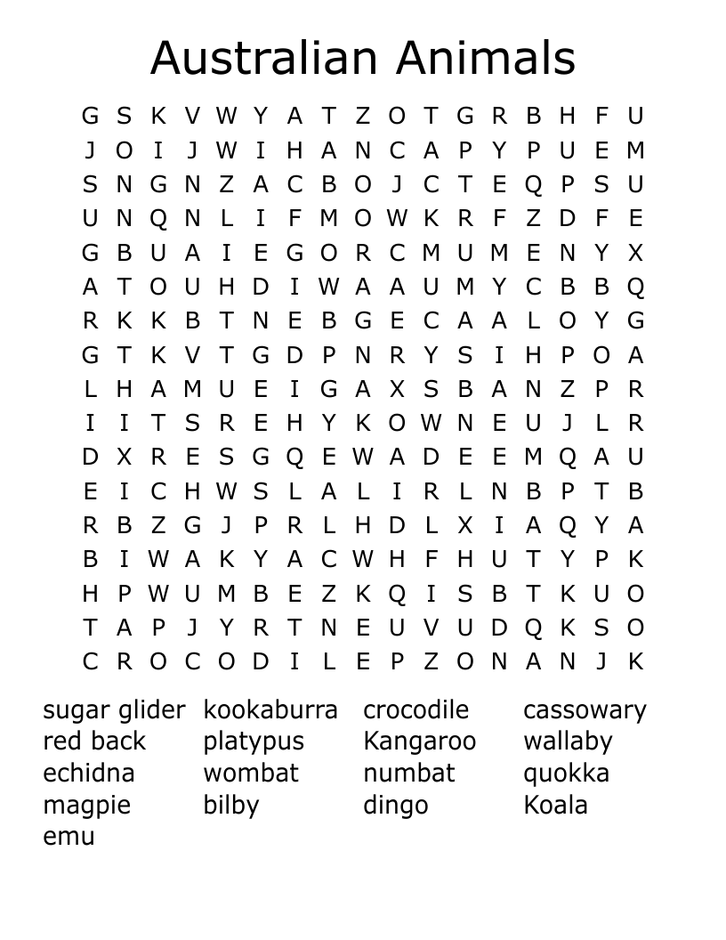 Australian Animals Word Search
