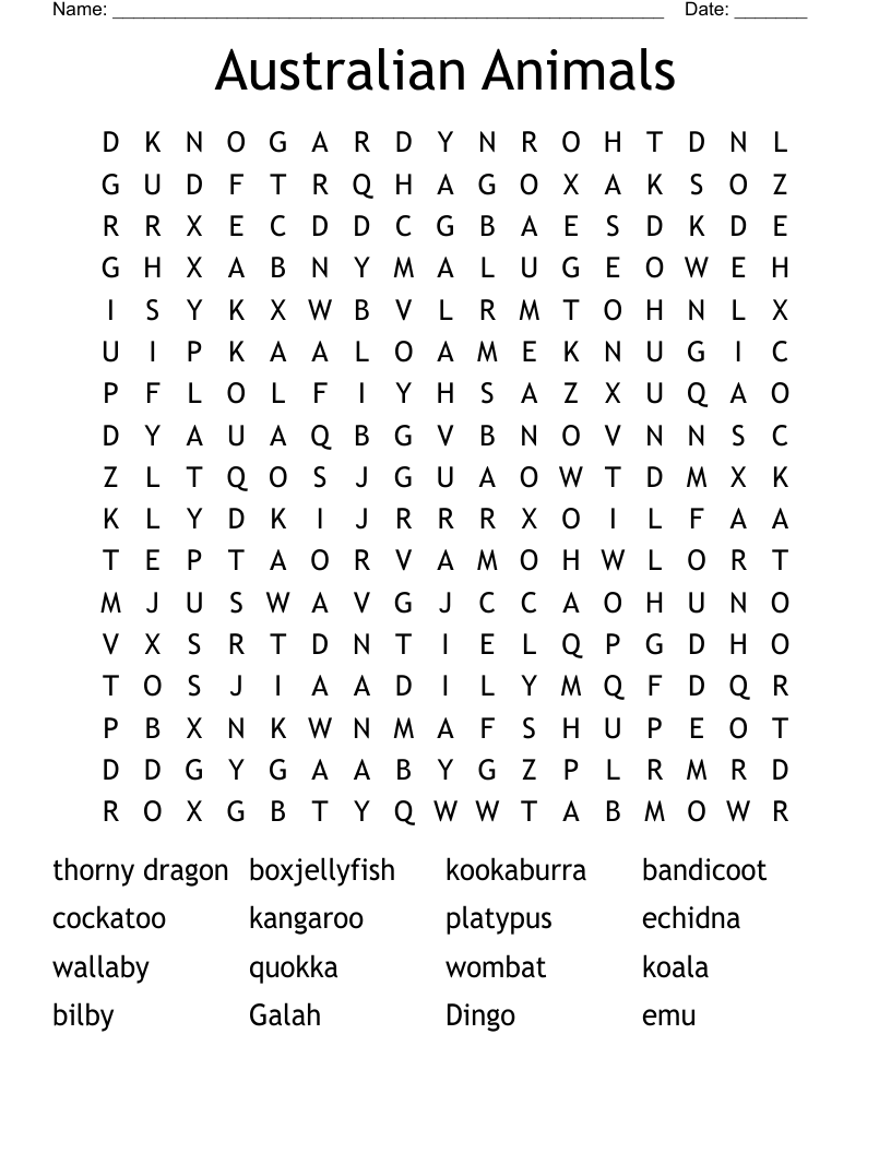 Australian Animals Word Search