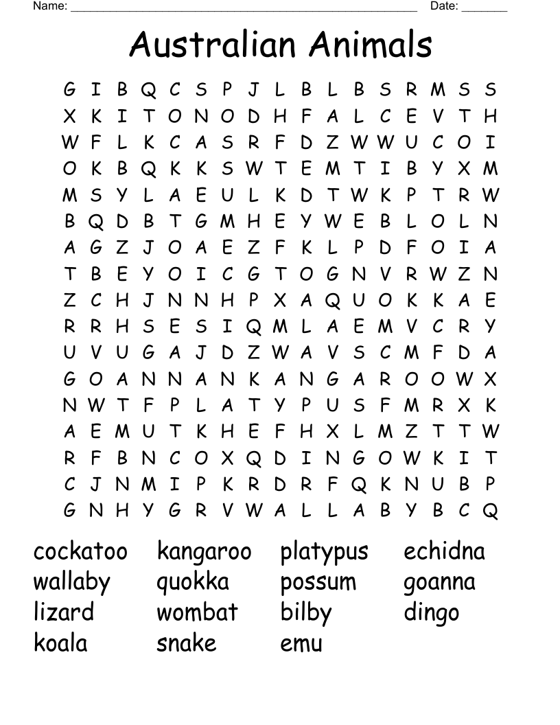Australian Animals Word Search