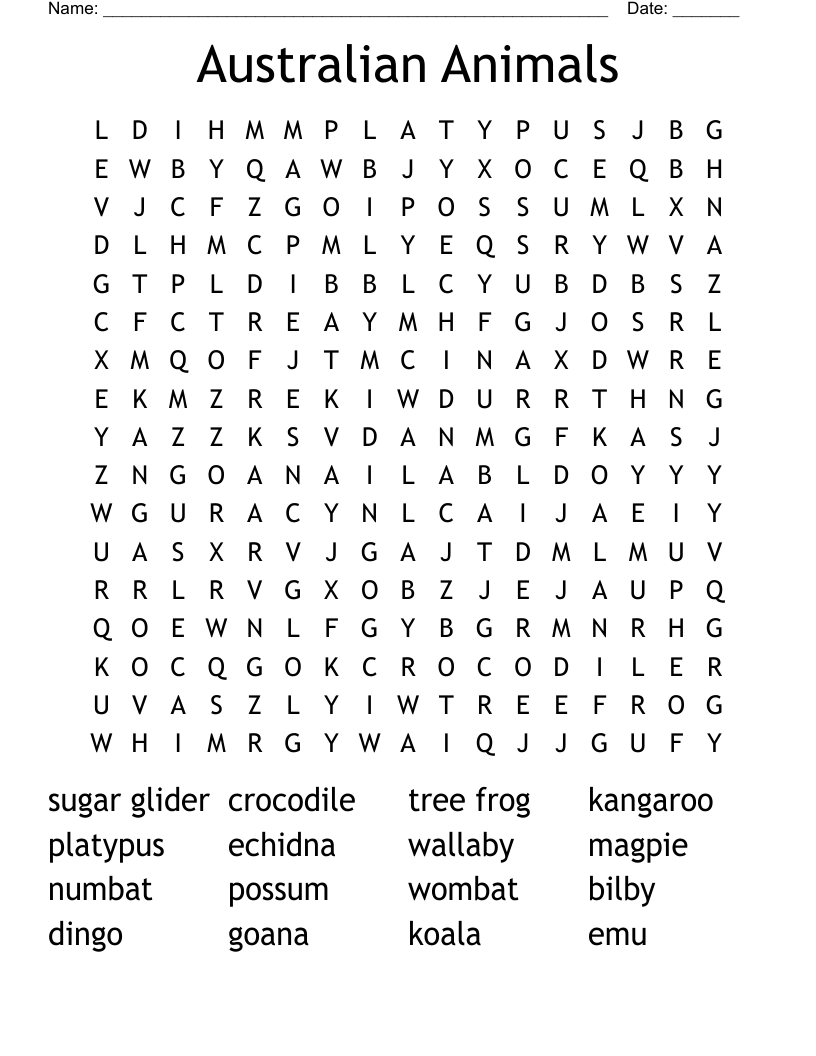 Australian Animals Word Search