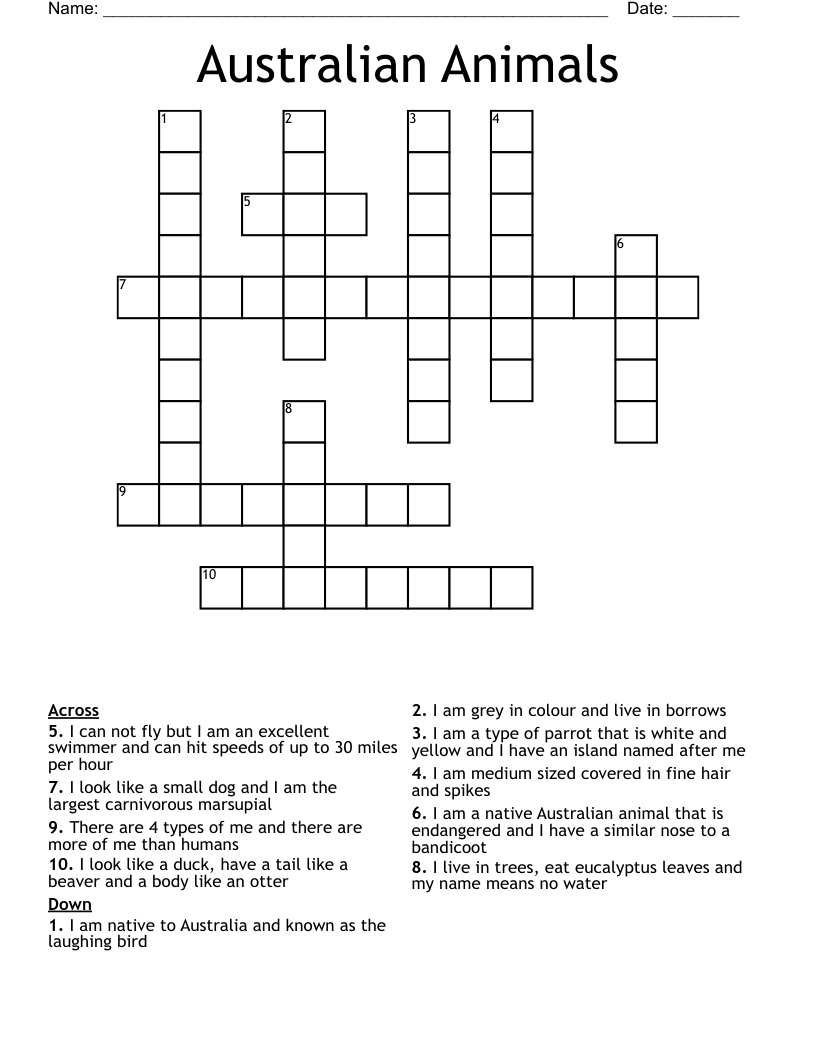 Australian Animals Crossword