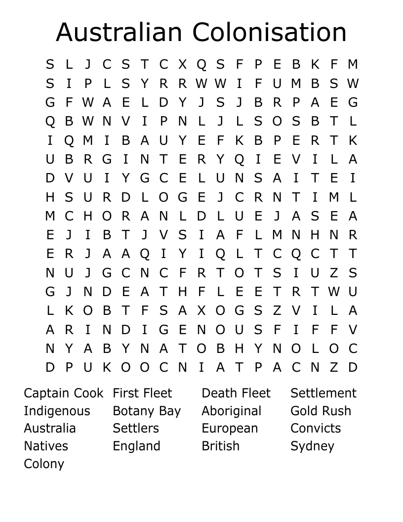Australian Colonisation Word Search