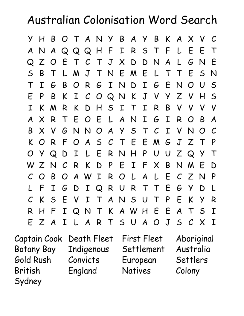Australian Colonisation Word Search 