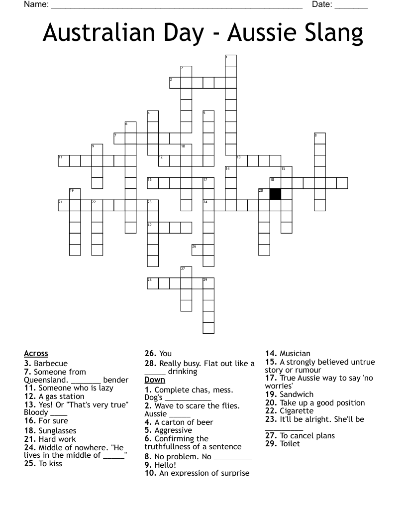 Australian Day - Aussie Slang Crossword