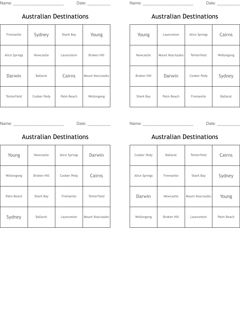 Australian Destinations Bingo Cards
