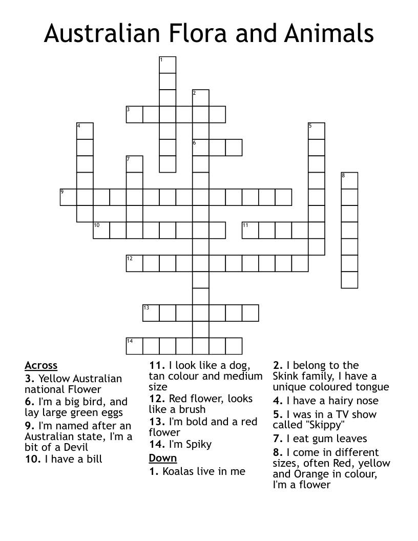 Australian Flora and Animals Crossword