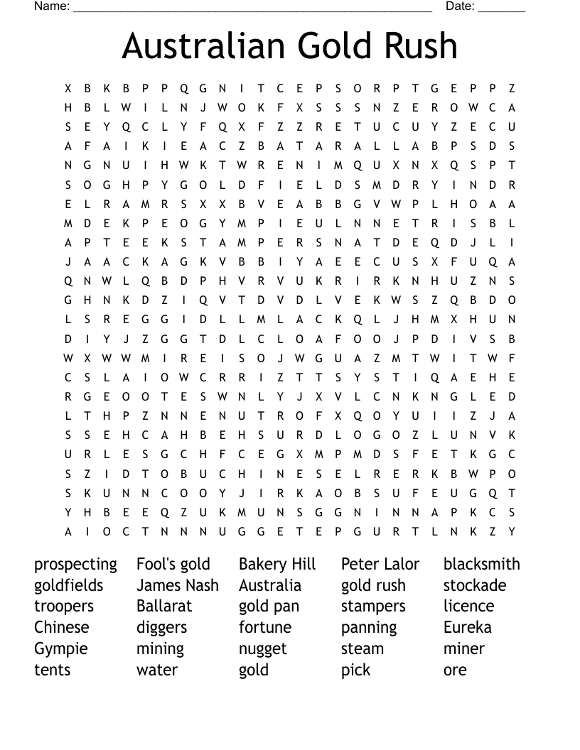 Australian Gold Rush Word Search