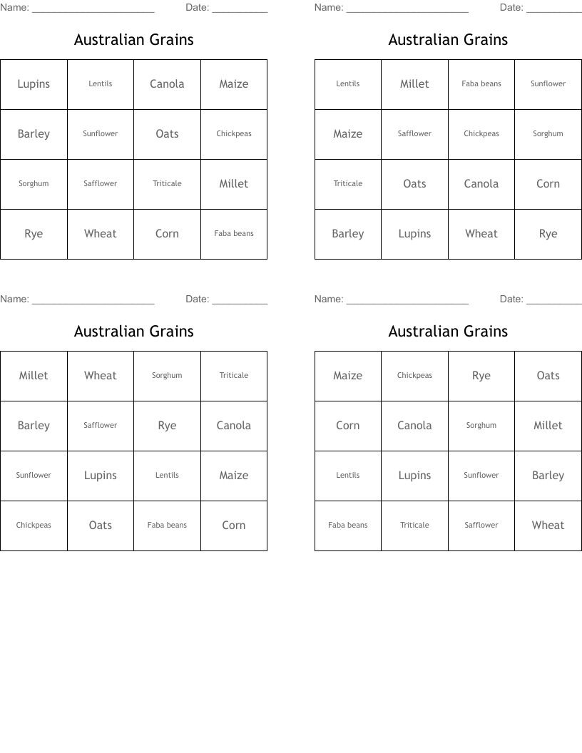Australian Grains Bingo Cards