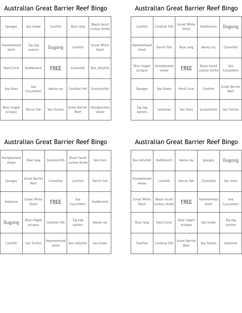 Australian Great Barrier Reef Bingo