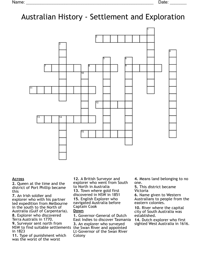 Australian History - Settlement and Exploration Crossword