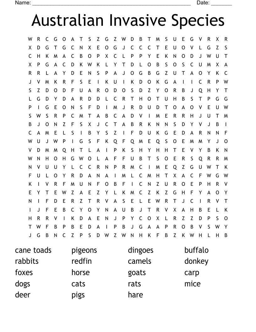 Australian Invasive Species Word Search