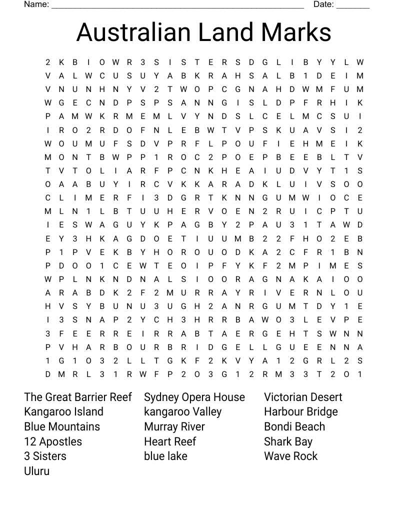 Australian Land Marks Word Search