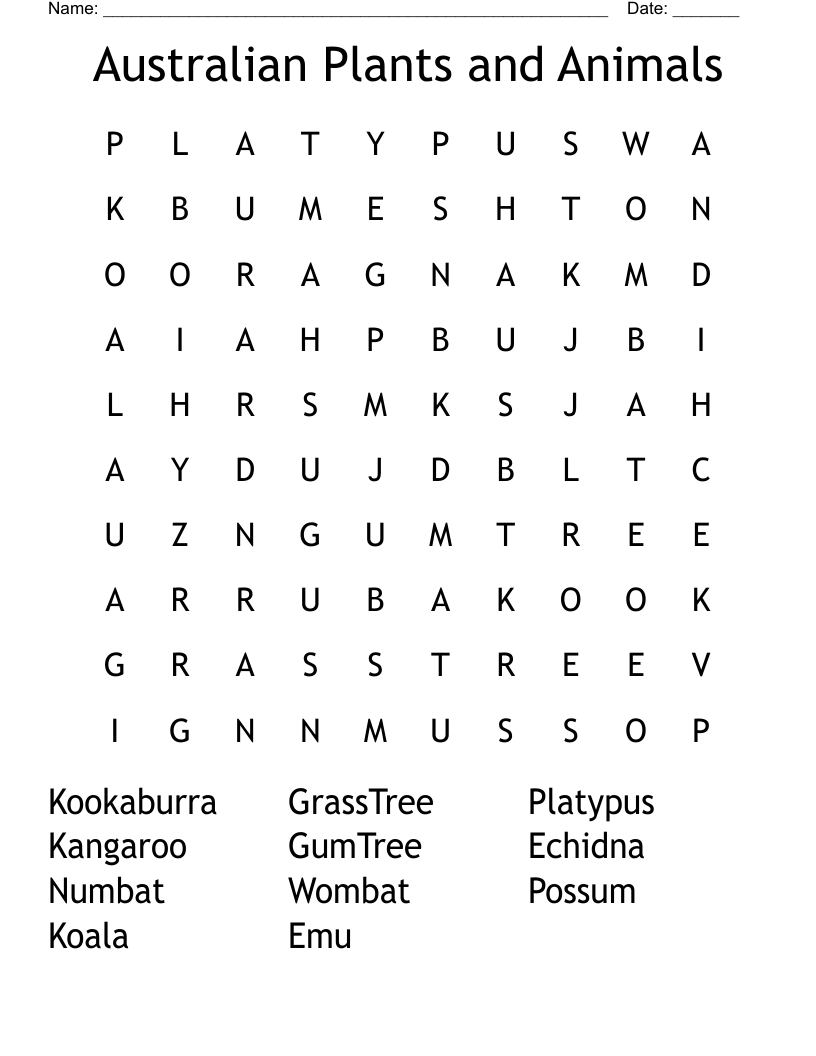 Australian Plants and Animals  Word Search