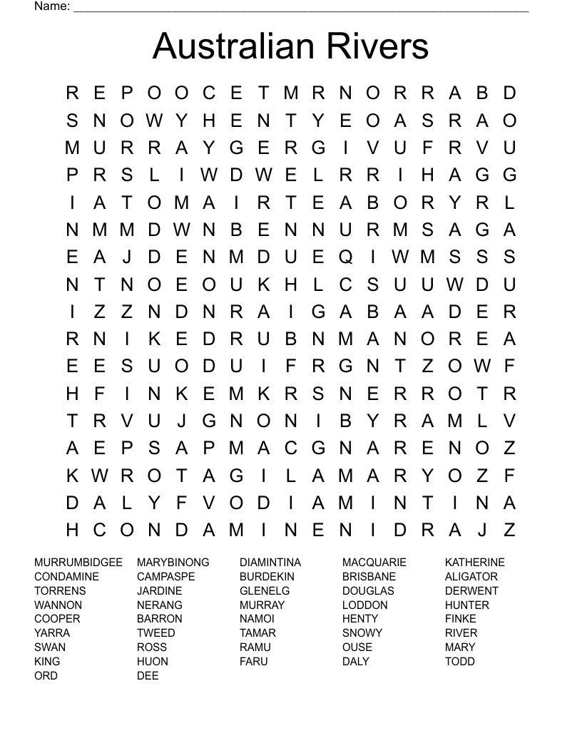 Australian Rivers Word Search