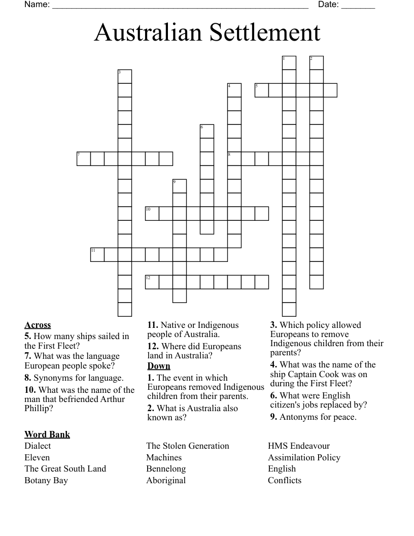 Australian Settlement Crossword