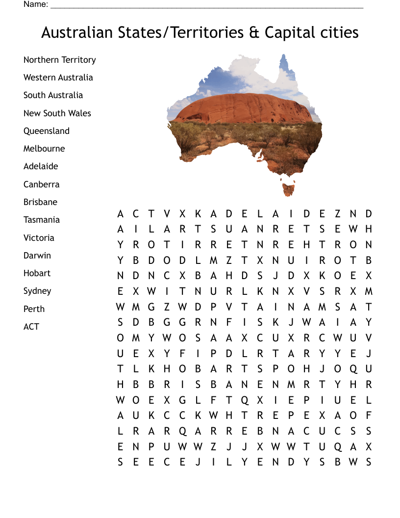 Australian States/Territories & Capital cities Word Search