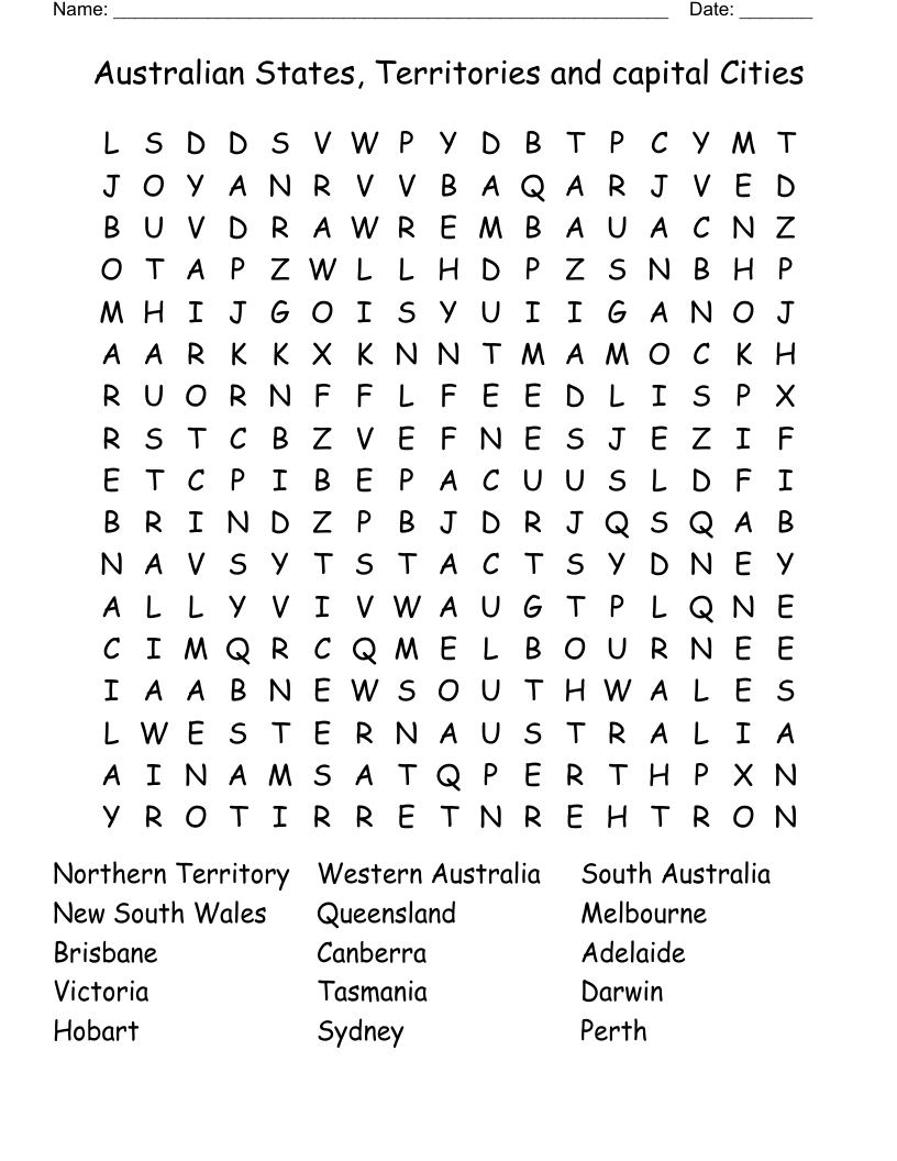 Australian States, Territories and capital Cities Word Search
