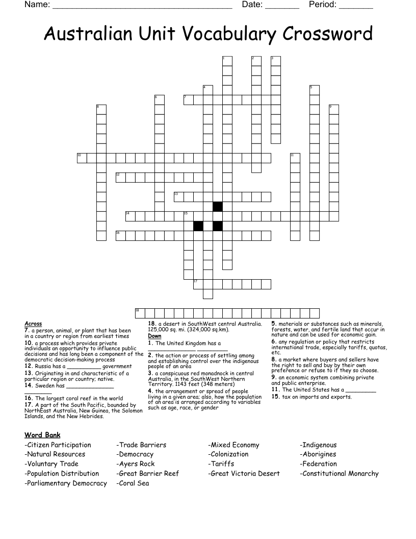Australian Unit Vocabulary Crossword