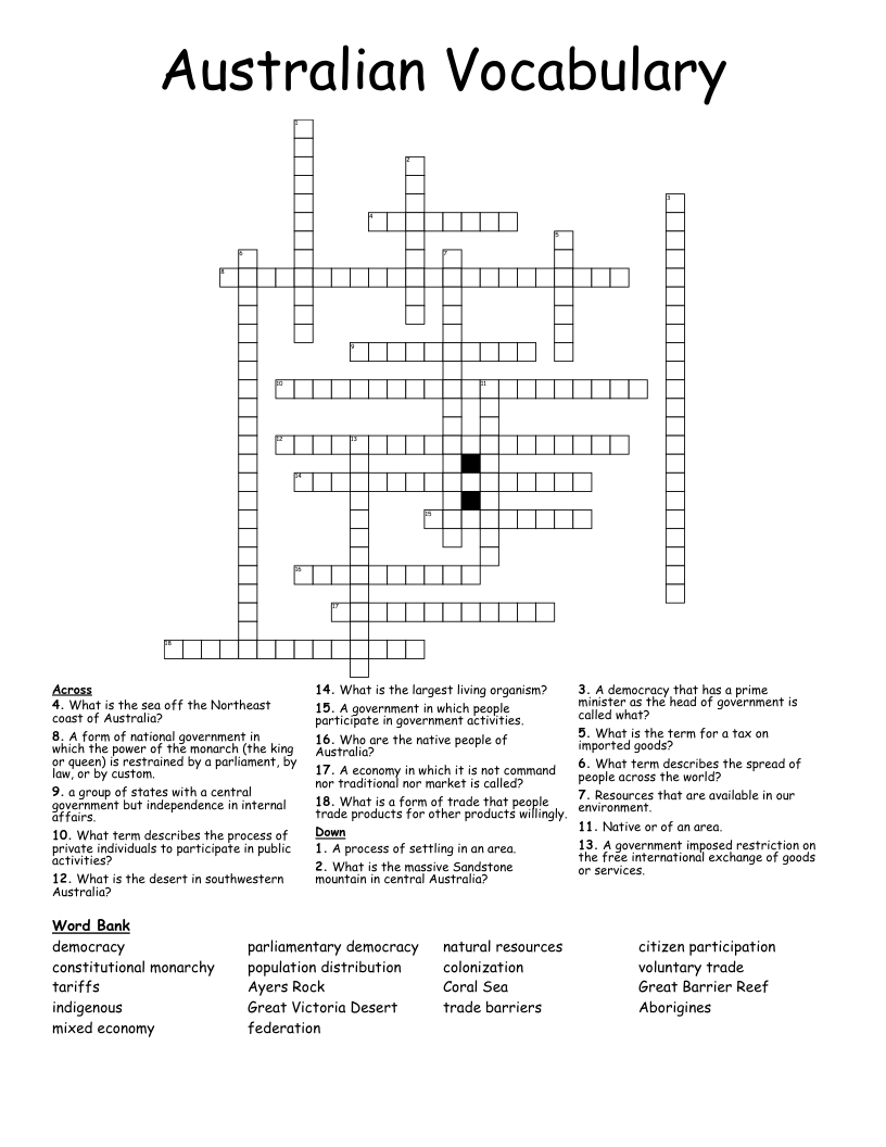 Australian Vocabulary Crossword