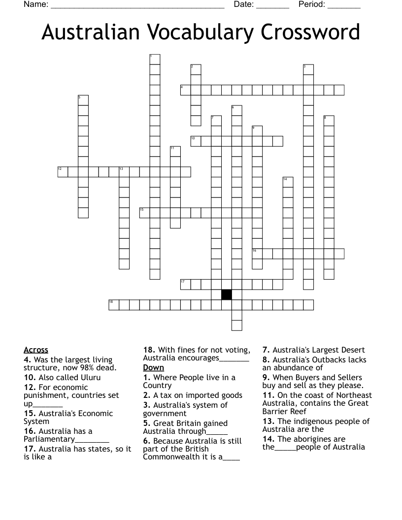 Australian Vocabulary Crossword