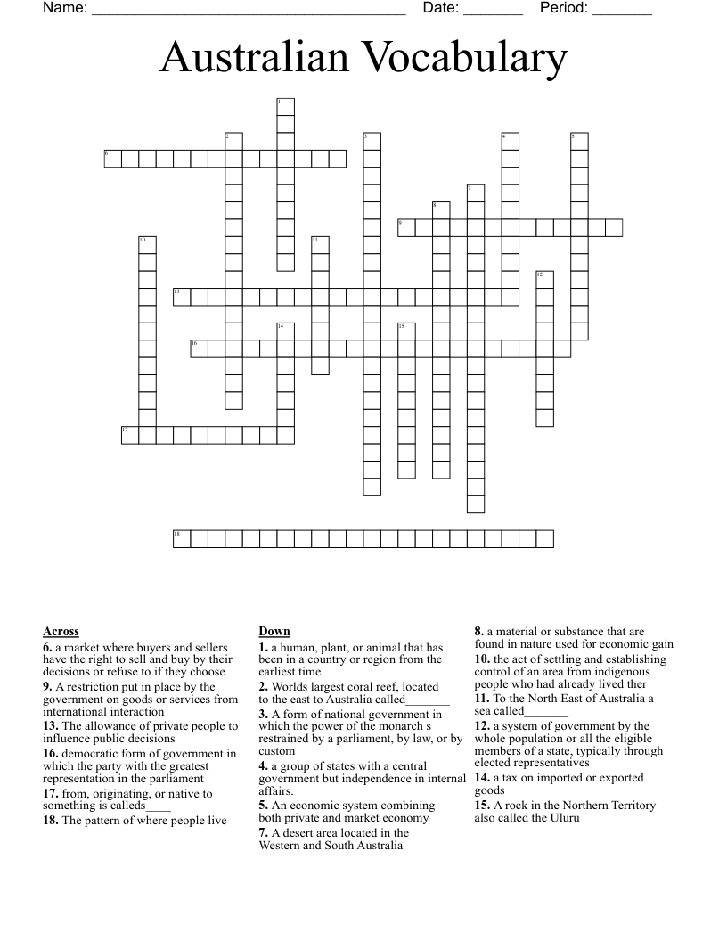 Australian Vocabulary  Crossword