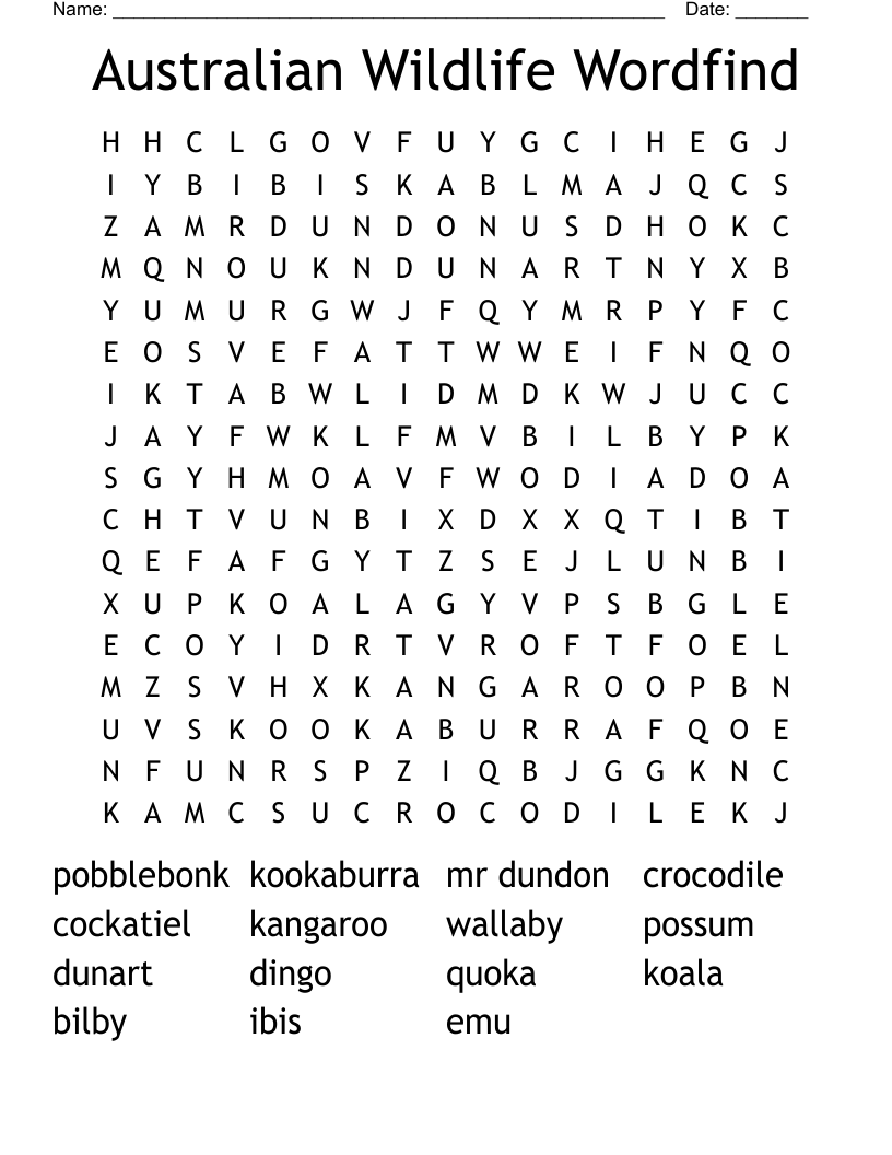Australian Wildlife Wordfind Word Search