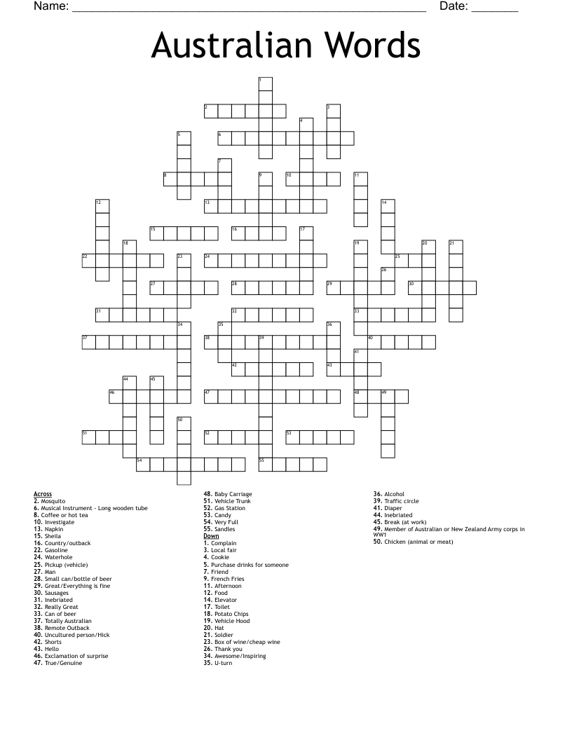 Australian Words Crossword