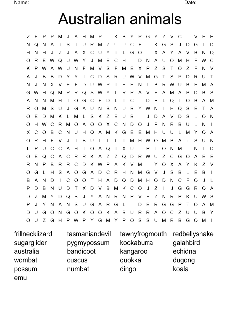 Australian animals Word Search
