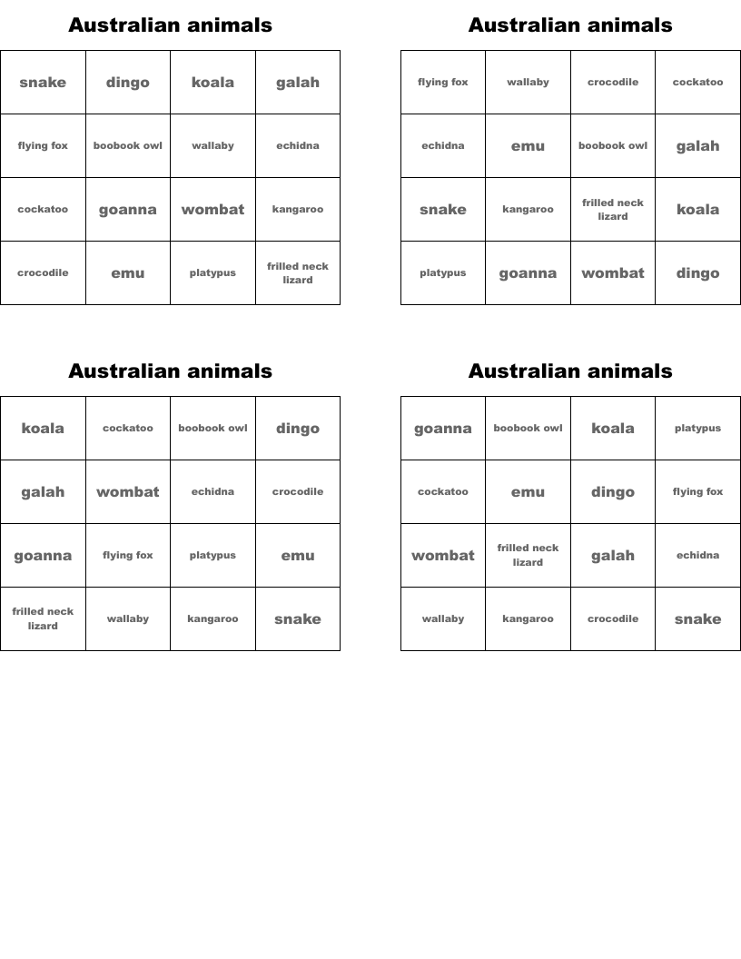 Australian animals Bingo Cards