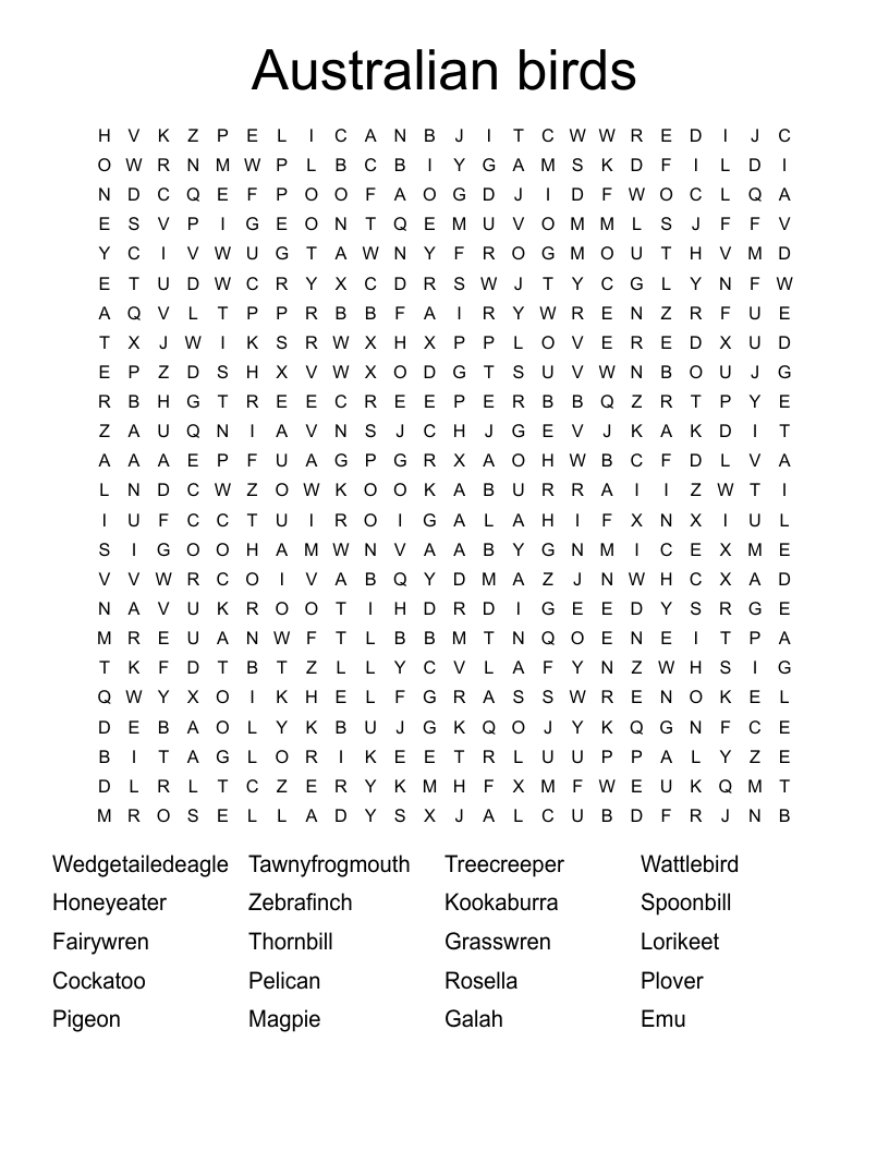 Australian birds Word Search