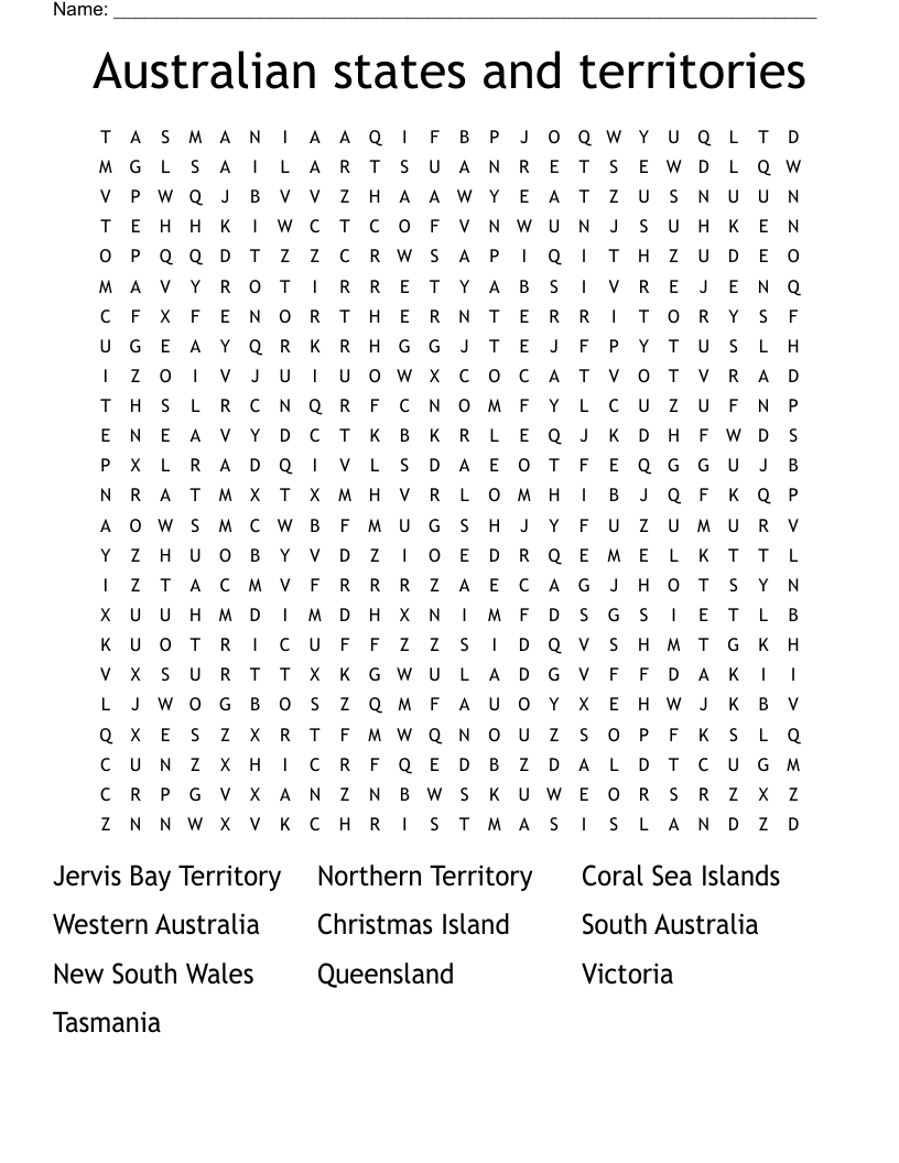 Australian states and territories Word Search