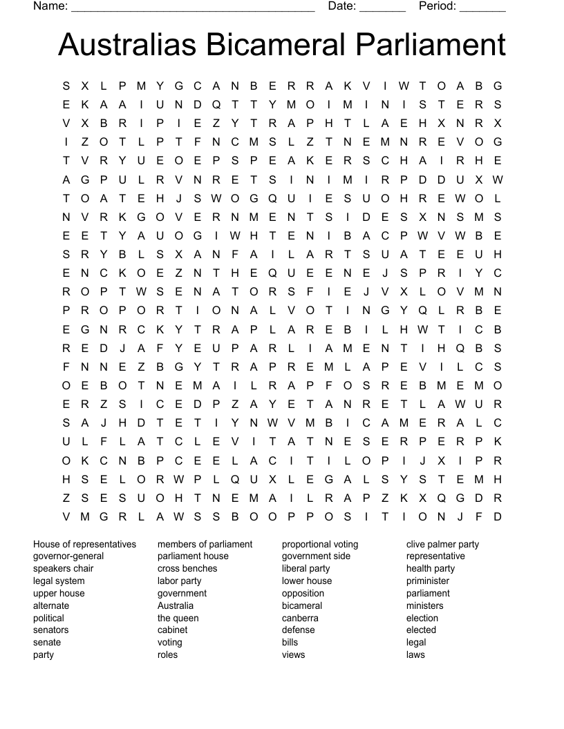 Australias Bicameral Parliament Word Search
