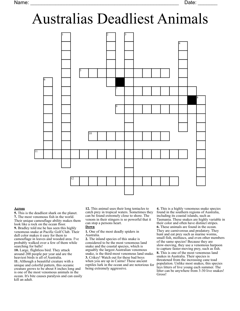 Australias Deadliest Animals Crossword