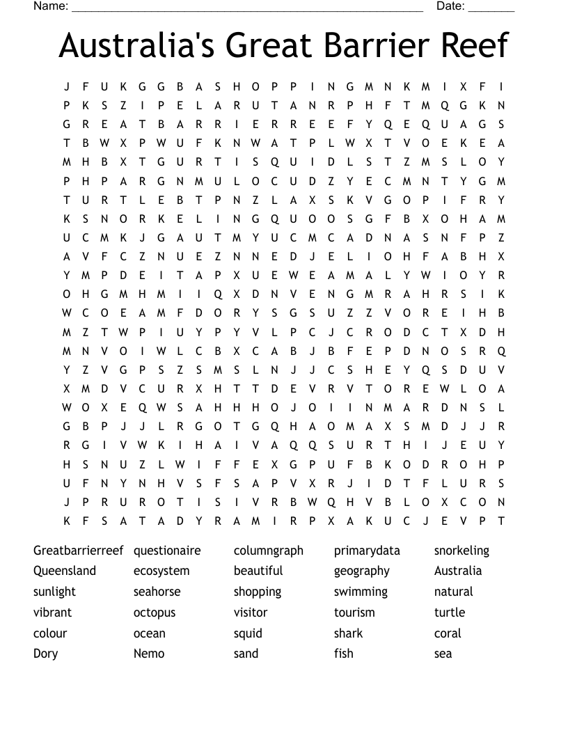 Australia's Great Barrier Reef Word Search