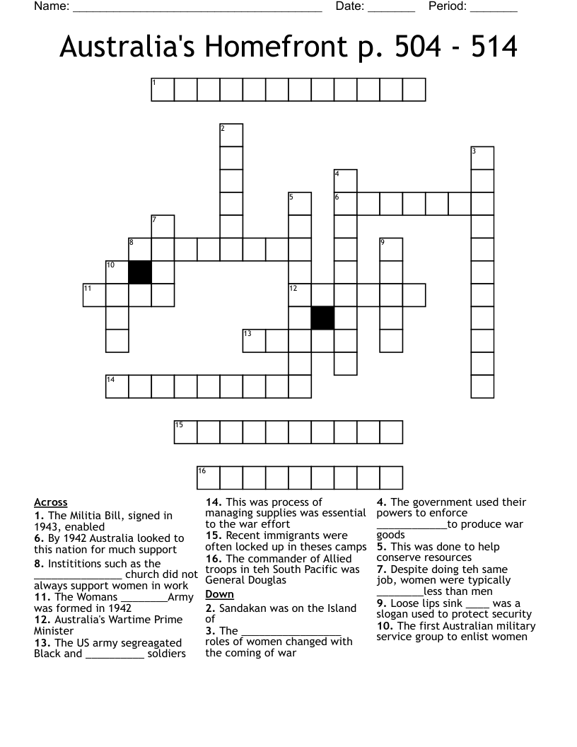 Australia's Homefront p. 504 - 514 Crossword